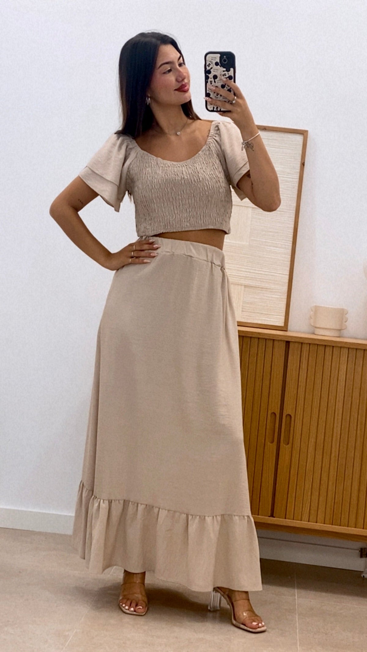 CONJUNTO TOP MANGA VOLANTES  Y FALDA LARGA