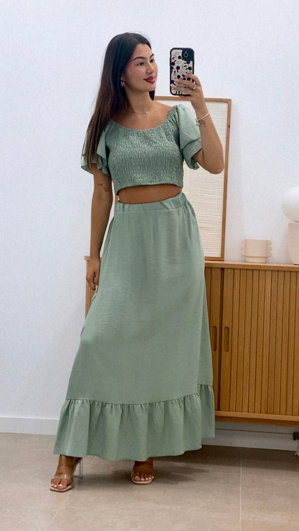 CONJUNTO TOP MANGA VOLANTES  Y FALDA LARGA