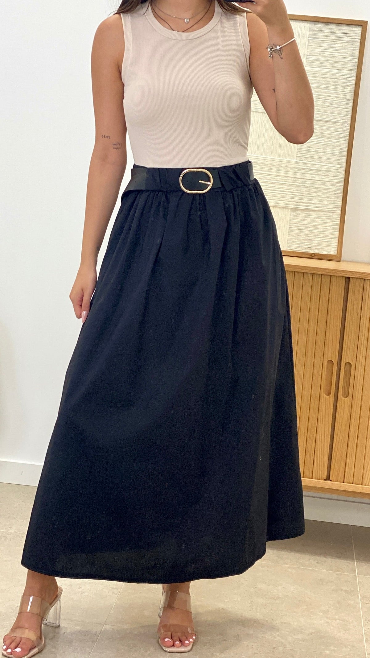 VESTIDO LARGO COMBINADO + CINTURÓN POLIPIEL