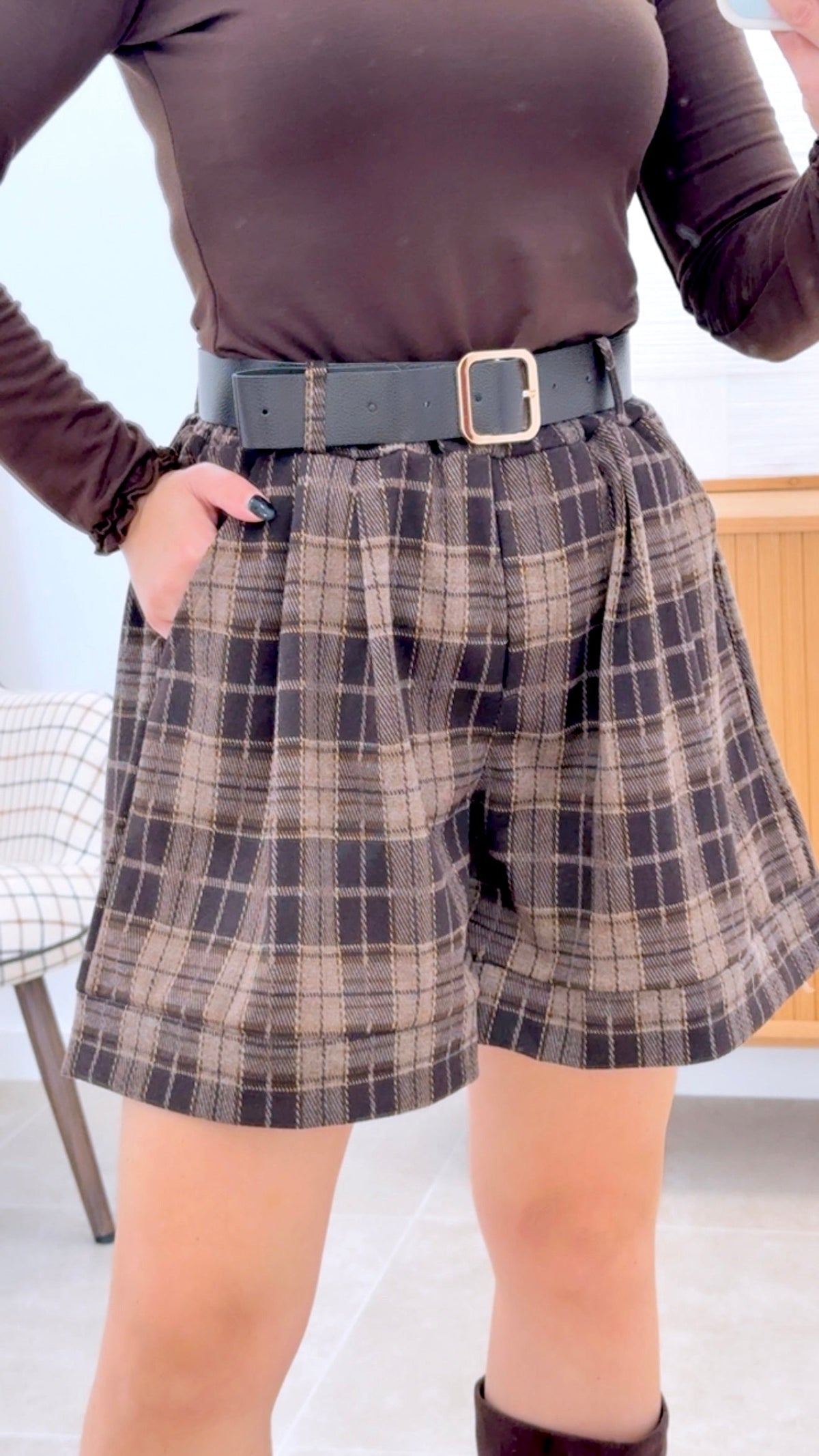 SHORT CUADROS + CINTURÓN