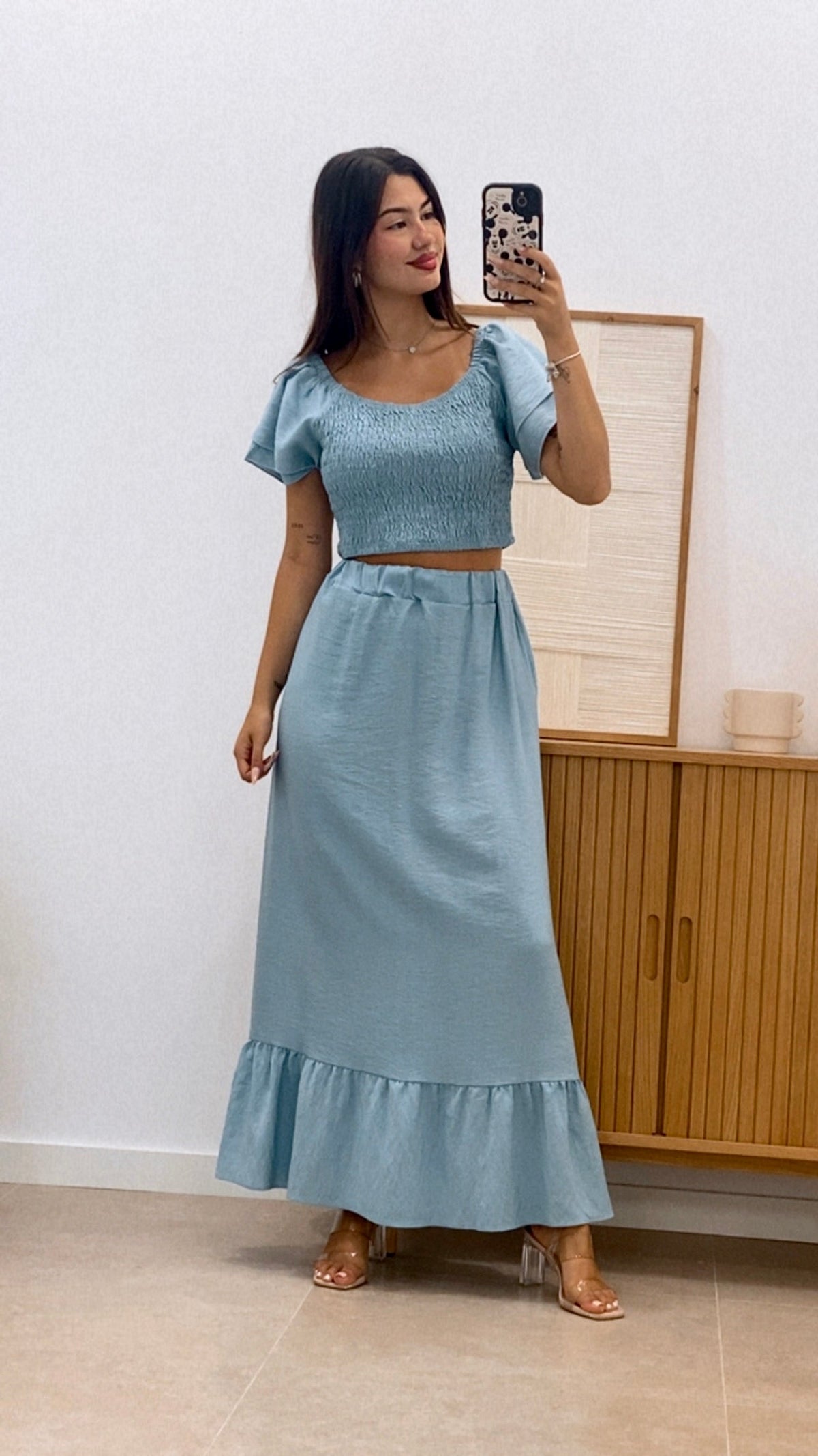 CONJUNTO TOP MANGA VOLANTES  Y FALDA LARGA