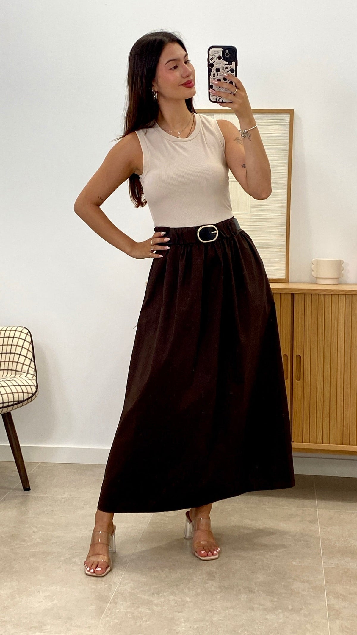 VESTIDO LARGO COMBINADO + CINTURÓN POLIPIEL