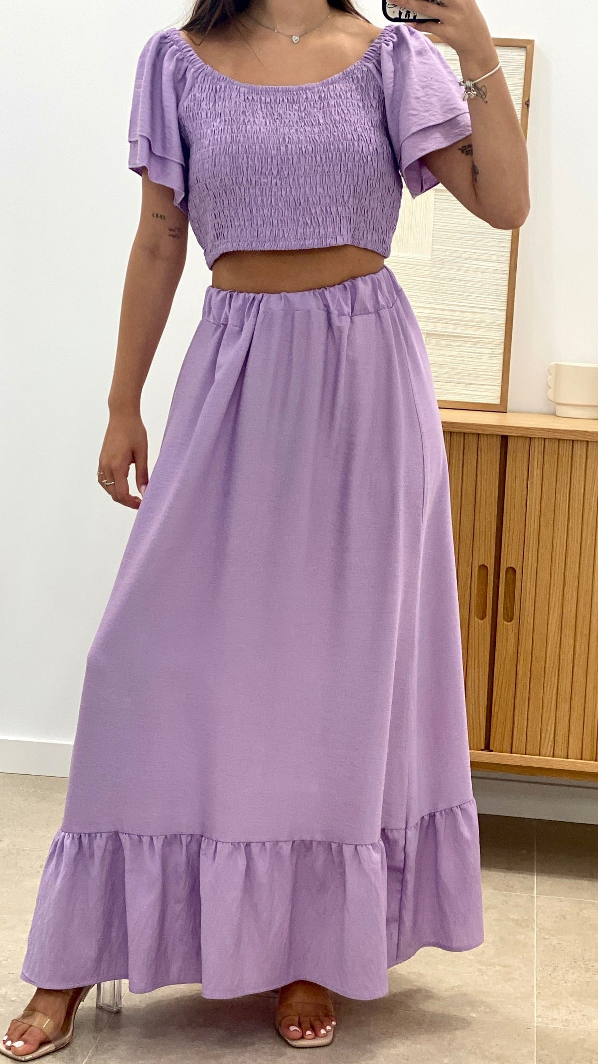 CONJUNTO TOP MANGA VOLANTES  Y FALDA LARGA