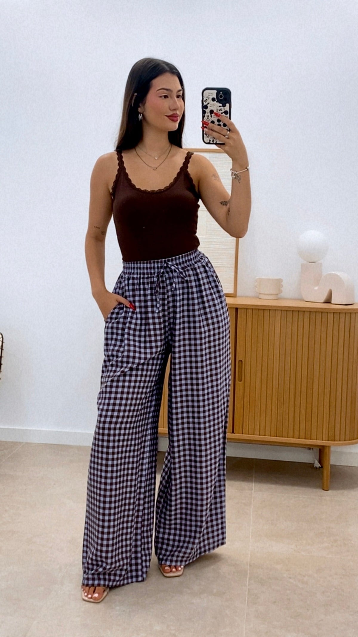 PANTALÓN CUADROS BICOLOR CINTURA ENGOMADA
