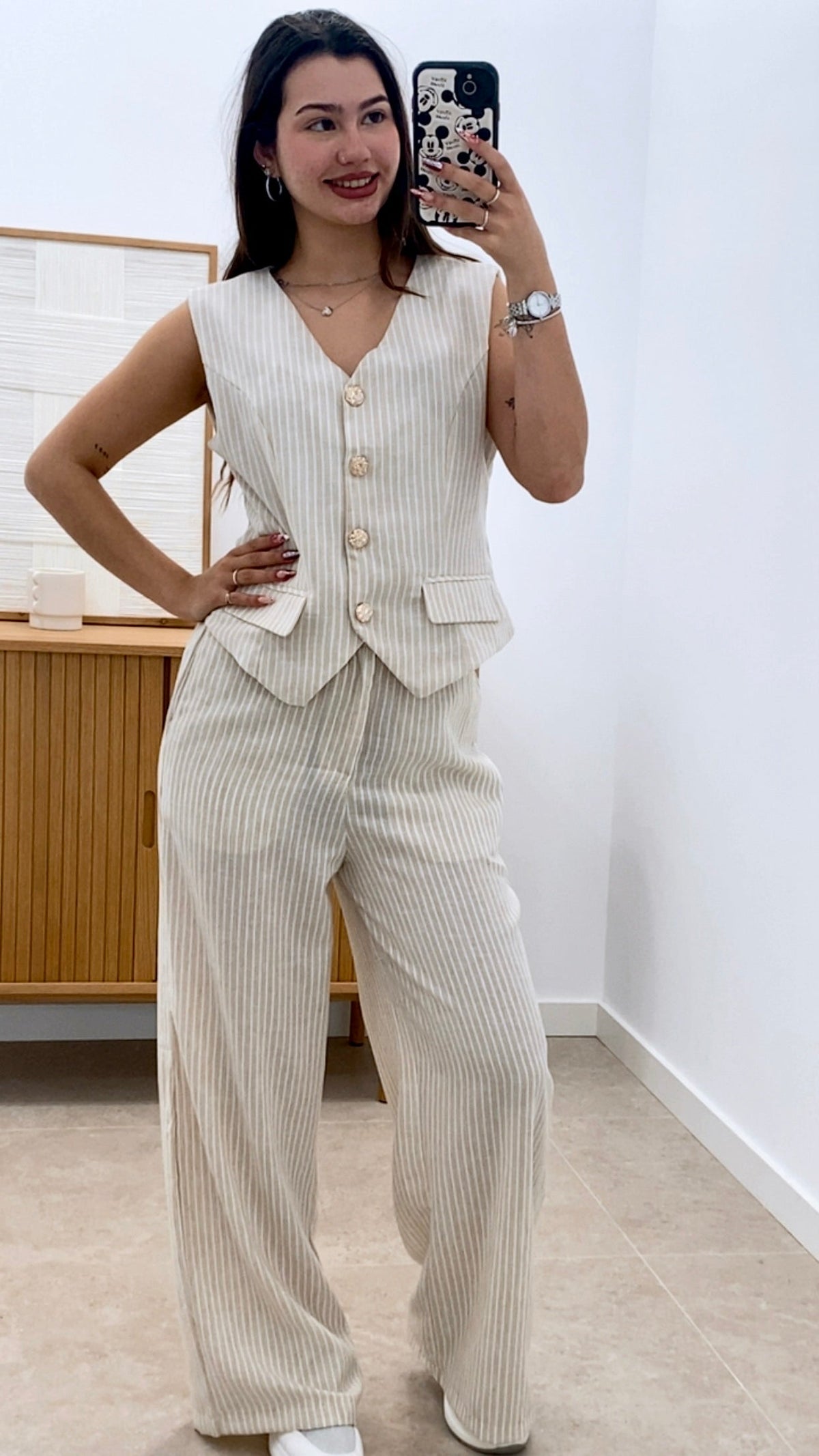 CONJUNTO RAYADO CHALECO CORTO Y PANTALÓN