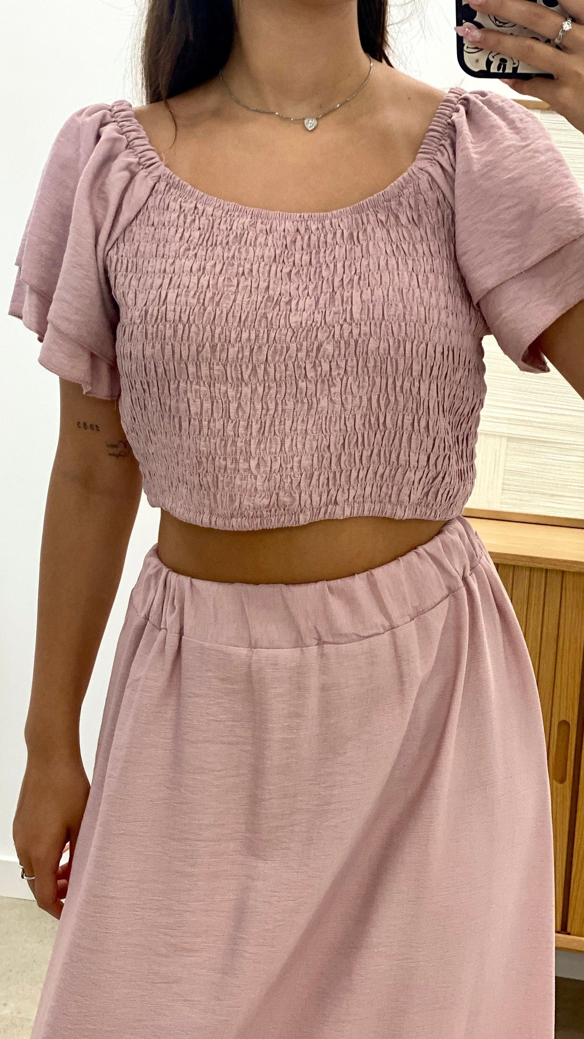 CONJUNTO TOP MANGA VOLANTES  Y FALDA LARGA